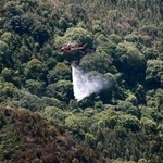 　広島県福山市の山林火災現場で消火活動するヘリコプター＝１８日午前１０時２７分（共同通信社ヘリから）