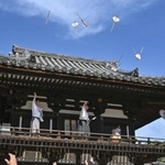 　奈良市の唐招提寺で行われた伝統行事「うちわまき」＝１９日午後