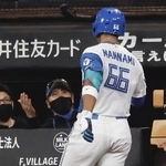 　３回、２ランを放った万波（手前）を迎える日本ハム・新庄監督＝エスコンフィールド