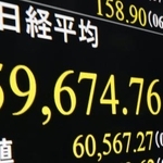 　一時６万円を割り込んだ日経平均株価を示すモニター＝２０日午前、東京・東新橋