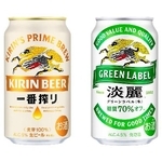 　酒税改正で値下げ対象となるビール（左）と値上げ対象となる発泡酒