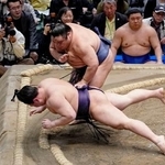 　藤凌駕（上）がすくい投げで義ノ富士を破る＝両国国技館