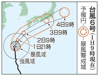 　台風６号の予想進路（１日９時現在）