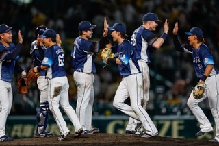 　阪神に勝利し、タッチを交わす西武ナイン＝甲子園