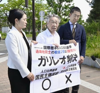 　衆院選の「１票の格差」訴訟の判決を受け、仙台高裁秋田支部前で「ガリレオ判決」などと書かれた紙を掲げる原告側の升永英俊弁護士（中央）ら＝５日午後