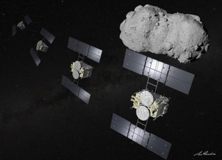 　小惑星「トリフネ」の近くを通過しながら観測する探査機はやぶさ２のイメージ（池下章裕氏作成・ＪＡＸＡ提供）