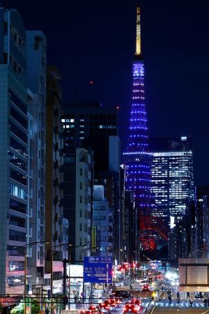 　サッカーＷ杯日本代表を応援するため、チームカラーの青色にライトアップされた東京タワー＝１１日、東京都港区