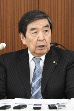 　記者会見する民放連の早河洋会長＝１２日午後、東京都千代田区