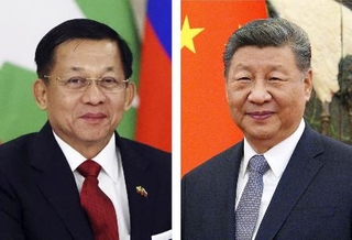 　左からミンアウンフライン氏、中国の習近平国家主席（いずれもゲッティ＝共同）