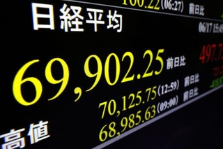 　日経平均株価の終値６万９９０２円２５銭を示すモニター＝１７日午後、東京・東新橋