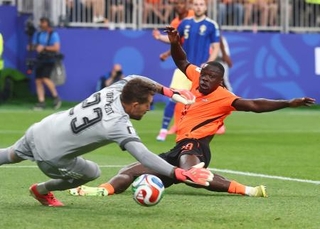 　オランダ-スウェーデン　前半、チーム２点目のゴールを決めるオランダのブロビー。ＧＫノルドフェルト＝ヒューストン（ゲッティ＝共同）