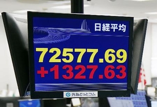 　取引時間中の最高値を更新し、初めて７万２０００円台に乗せた日経平均株価示すモニター＝２２日午前、東京都港区の外為どっとコム
