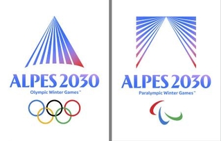 　２０３０年冬季五輪（左）とパラリンピックの大会エンブレム（組織委員会提供）