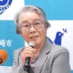 　平和祈念式典の被爆者代表に決まった本村チヨ子さん＝１日午後、長崎市役所
