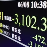 　下げ幅が一時３１００円を超え、２週間ぶりに節目の６万４０００円を割り込んだ日経平均株価を示すモニター＝８日午前、東京・東新橋