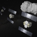 　小惑星「トリフネ」の近くを通過しながら観測する探査機はやぶさ２のイメージ（池下章裕氏作成・ＪＡＸＡ提供）