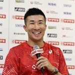 　陸上の日本選手権開幕を前に、記者会見する桐生祥秀＝１１日、パロマ瑞穂スタジアム
