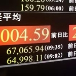 　６万７０００円を回復した日経平均株価を示すモニター＝１２日午前、東京・東新橋