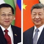　左からミンアウンフライン氏、中国の習近平国家主席（いずれもゲッティ＝共同）
