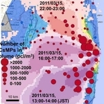 　福島第１原発から放出された放射性プルーム（雲）１立方メートル当たりのセシウムを含んだ微粒子の個数。円が大きいほど多い（宇都宮聡・台湾大教授提供）