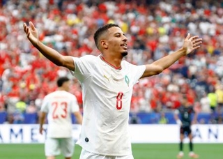 　カナダ-モロッコ　後半、先制ゴールを決め喜ぶモロッコのウナヒ＝ヒューストン（共同）