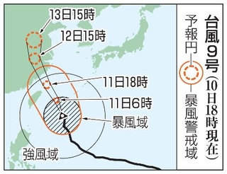 　台風９号の予想進路（１０日１８時現在）