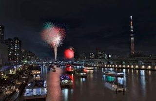 　東京・下町の夏の風物詩、隅田川花火大会で打ち上げられた花火。猛暑となった都心の夜空を大輪が彩った＝２５日夜（多重露光）
