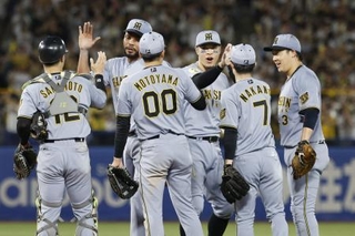 　ヤクルトに逆転勝ちし、タッチを交わす阪神ナイン＝神宮