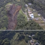 　大規模土石流が起きた静岡県熱海市の３Ｄ画像から。発生３日後の２０２１年７月６日（上）と今年５月の空撮画像を基に作成した。山の斜面は緑に覆われている