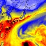 　２０１８年７月６日、西日本豪雨の際に観測された大気の川。赤色が濃いほど水蒸気量が多い（釜江陽一氏提供）