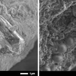 　地球の大気にさらす前（左）とさらした小惑星リュウグウの岩石試料の顕微鏡写真（広島大提供）