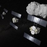 　小惑星トリフネに接近してフライバイ探査をする、はやぶさ２のイメージ（池下章裕氏作成、ＪＡＸＡ提供）
