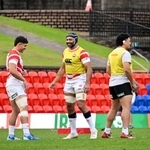 　ラグビーのネーションズ選手権第２戦、アイルランド戦に向け練習する日本代表のリーチ（中央）ら＝１０日、オーストラリア・ニューカッスル（共同）
