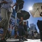 　太陽が照りつける街中を、日がさを差して歩く人たち＝２０２５年９月、大阪市