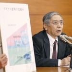 　２０１６年１月、金融政策決定会合後、パネルを使い記者会見する日銀の黒田総裁＝日銀本店