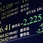 　下げ幅が一時２２００円を超え、６万７０００円を割り込んだ日経平均株価を示すモニター＝１６日午前、東京・東新橋