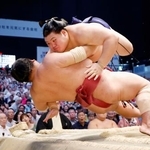 　大の里（上）が浴びせ倒しで大栄翔を下す＝ＩＧアリーナ