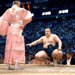 　豪ノ山を寄り切りで破り、勝ち名乗りを受ける安青錦＝ＩＧアリーナ
