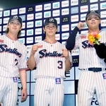 　中日に勝利しポーズをとるヤクルトの（左から）長岡、内山、赤羽＝神宮