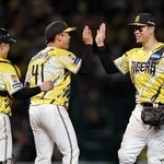 　巨人に勝利し、タッチを交わす阪神・村上（中央）と佐藤＝甲子園