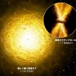 　研究チームが公表した概念図。銀河の中心部にある超巨大ブラックホールから爆風が噴き出し（右上）、高温ガスが銀河の外側まで届いている様子（東北大提供）