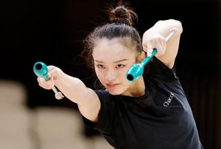 　公式練習で調整する喜田未来乃＝フランクフルト（共同）