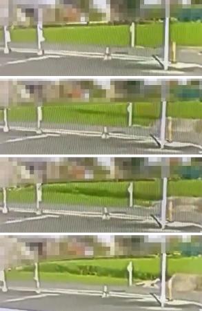 　熊本県八代市内の防犯カメラが捉えた、断層が地表に現れた瞬間とみられる映像（上から下へ）。地震による揺れが始まった数秒後に、田んぼが割れて動く様子が写っていた＝７月２８日（近隣住民提供、家屋にモザイク処理をしています）