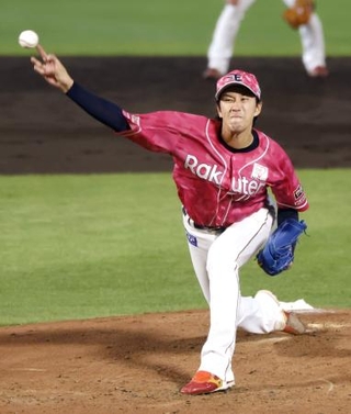 　ロッテ戦に先発し、６回無失点で４勝目を挙げた楽天・岸＝楽天モバイルパーク