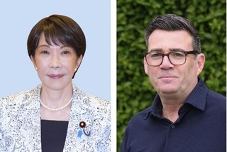 　高市早苗首相、英国のバーナム首相（ゲッティ＝共同）　