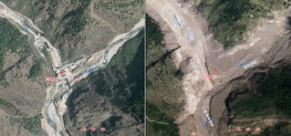 　中国自然資源省が公開した土石流で被害を受けたチベット自治区シガツェ市ギロンの国境検問所周辺の比較写真。左が災害前、右は災害後に撮影された（同省提供、共同）