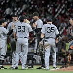 　広島に勝利し、タッチを交わす巨人ナイン＝マツダ