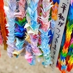 　長崎市の爆心地公園に供えられた折り鶴＝８日午後