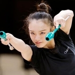 　公式練習で調整する喜田未来乃＝フランクフルト（共同）