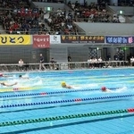 　始まった全国中学校体育大会の競泳。現行方式では今回が最後となる＝１７日、広島市のひろしんビッグウェーブ